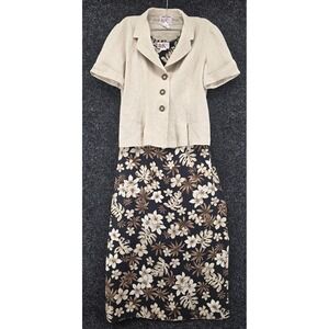 Vtg R&K Originals Women's 8 Shift Dress Maxi‎ w/Linen Jacket Black Beige Floral